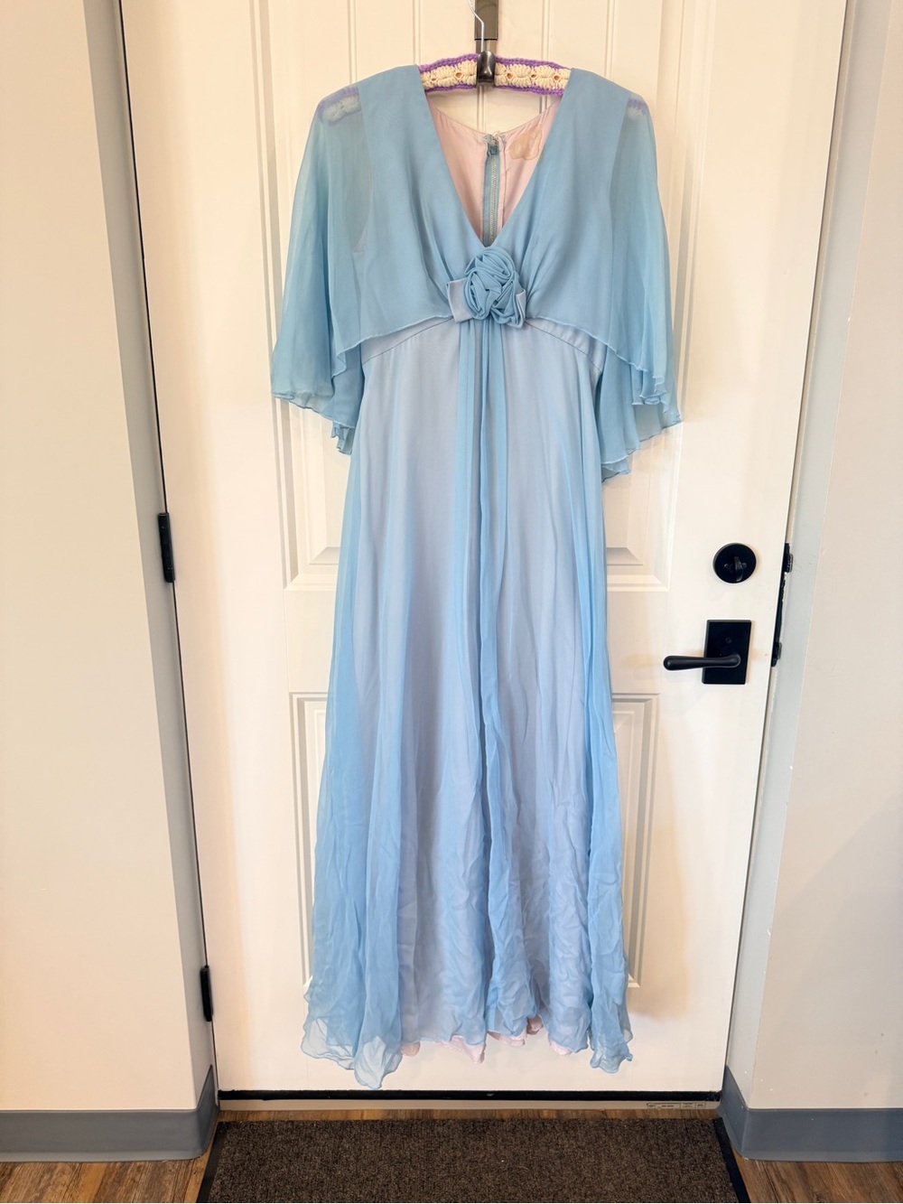 Light Blue Flowy Evening Dress with Rosette Detail